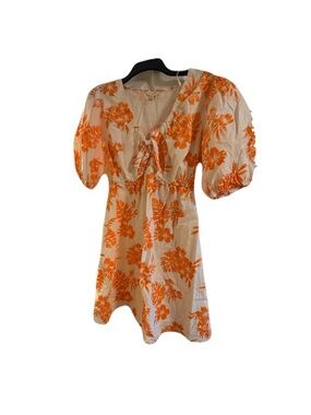 White and Orange Floral Tie-Front Puff Sleeve Dress
